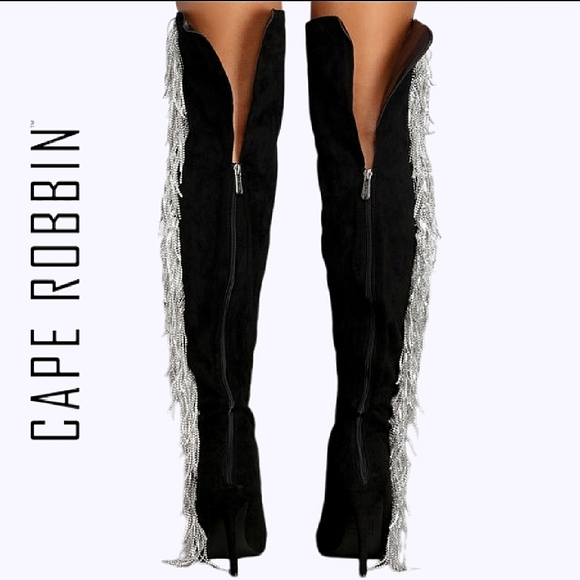 COBIN ROBBINS Blk w/Silver Fringe Rhinestones | Over Knee | Faux Suede Boots NWT - Picture 4 of 9